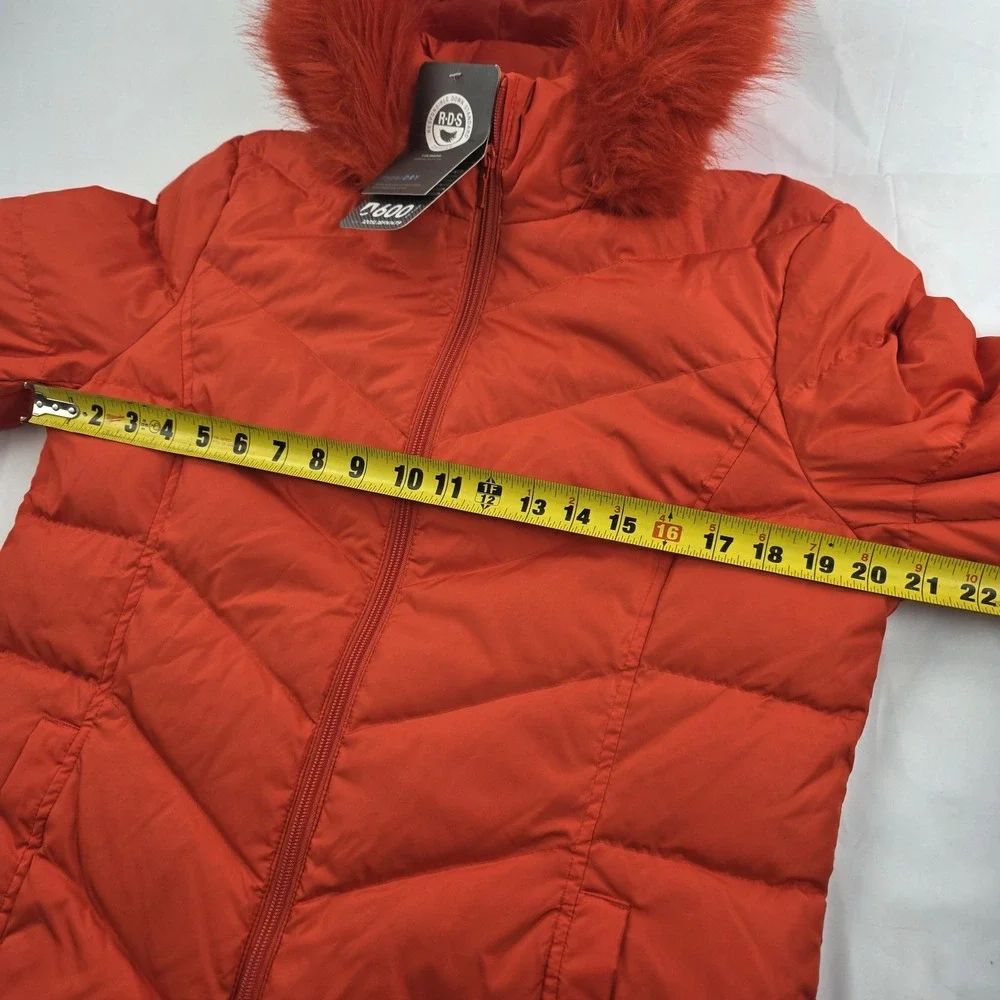 Lands' End Jacket Kids 10-12 Orange Down Puffer Hood Faux Fur Trim 600 Fill